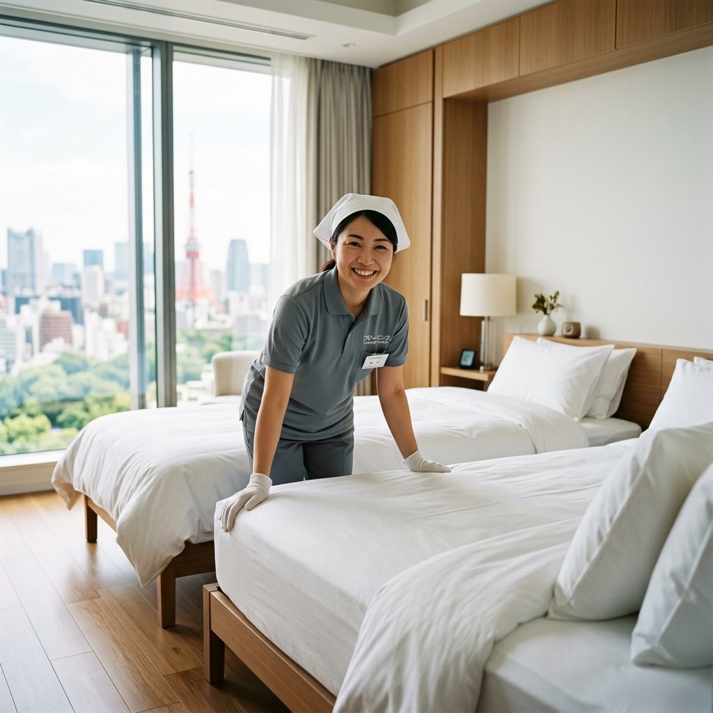 Tokyo Cleaner professional staff making bed in hotel room with Tokyo Tower view